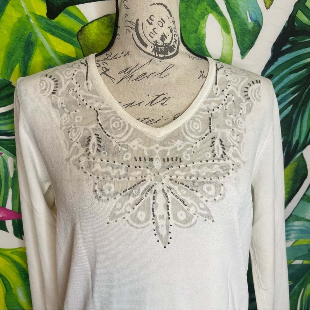Liz Claiborne M Gorgeous White Sheer Lace Beaded Butterly Ribbed Hem Sweater
